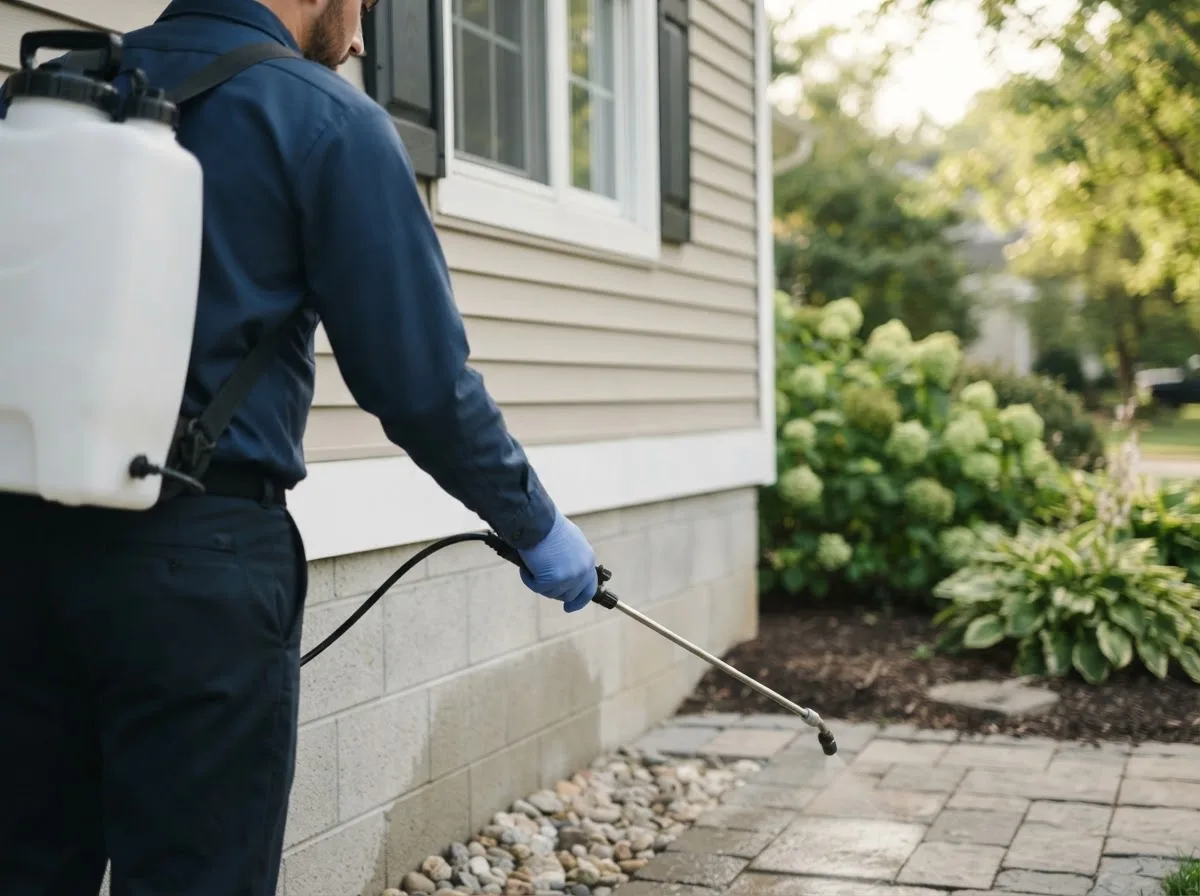 Pest control technician inspecting a home in Clever, MO